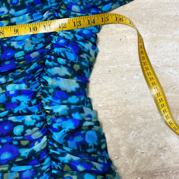 NWOT Ganni Blue Floral Ruched Blue Dress, Measurements in photos below. - Picture 8 of 11